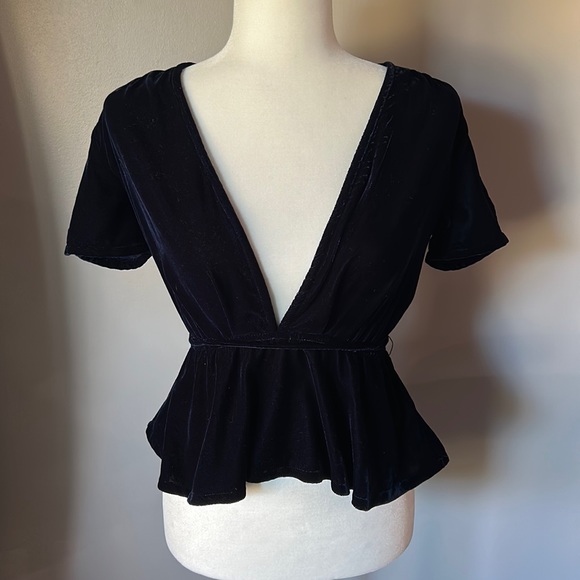 Kimchi Blue Women’s Navy Velvet Deep V-Neck Top - Picture 1 of 7